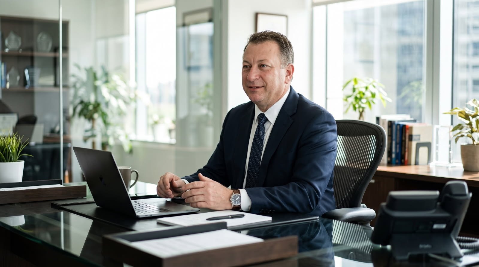 Brian McNeely, CEO of M. E. M. LLC, seated at a desk in a sunlit office.